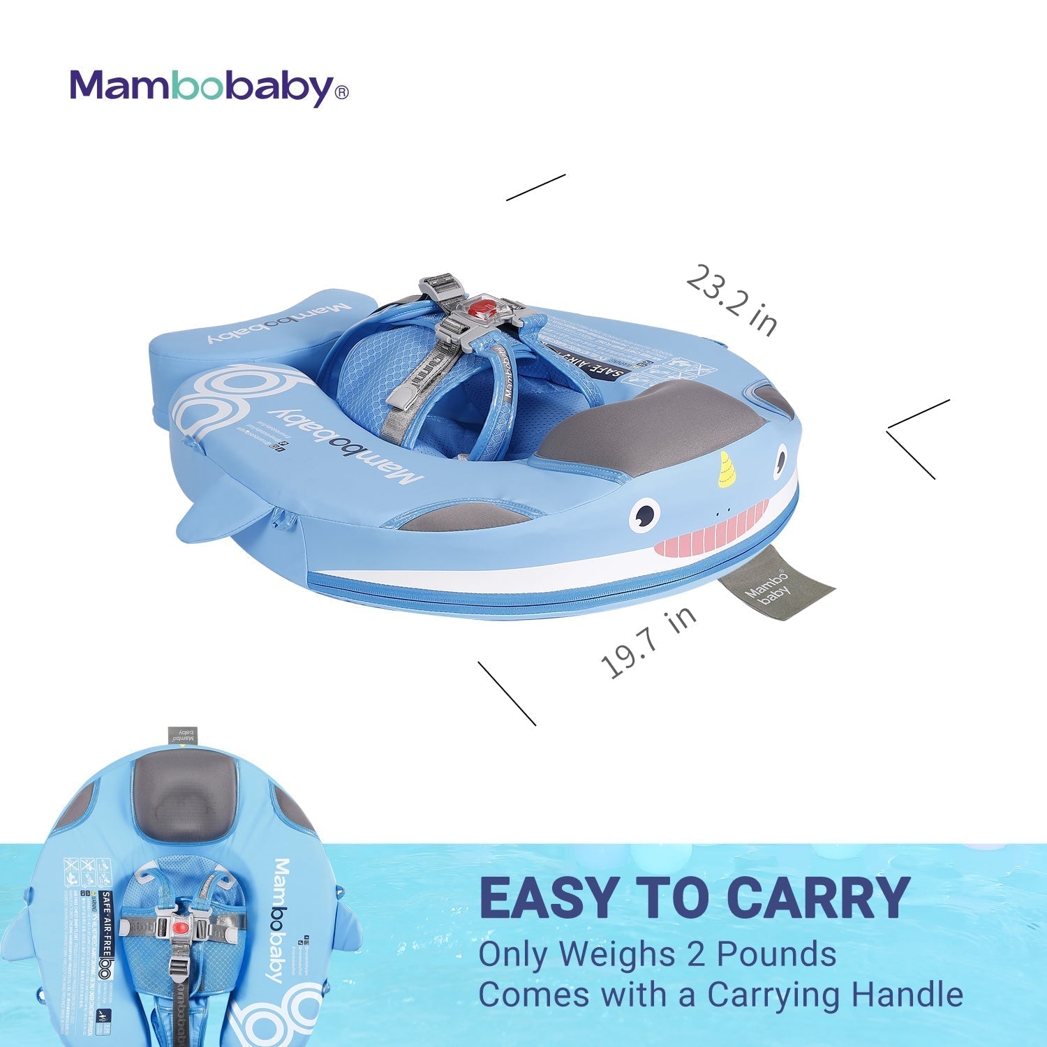 Infant in the breaststroke swimming position using the Mambobaby Narwhal swim trainer to build water confidence safely.