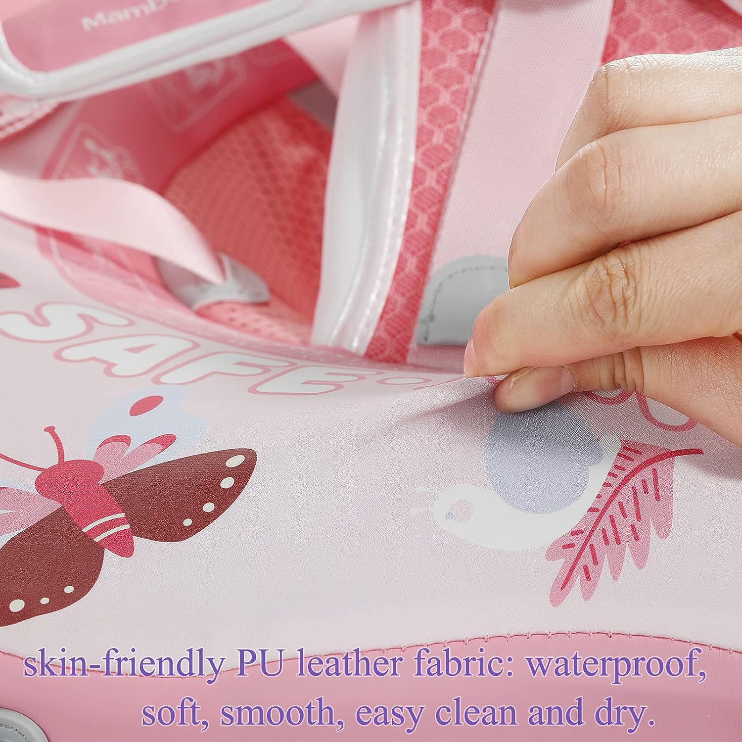 Close-up of the Mambobaby™ 3D breathable mesh fabric. This ultra-soft, skin-friendly material ensures maximum ventilation and prevents skin irritation, providing a comfortable and cool swimming experience for babies. A signature comfort feature of our non-inflatable PearlFoam™ floats.