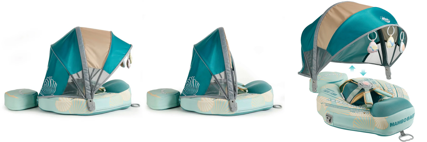 Adjustable sun canopy protects baby's skin from harsh UV rays during outdoor swimming.