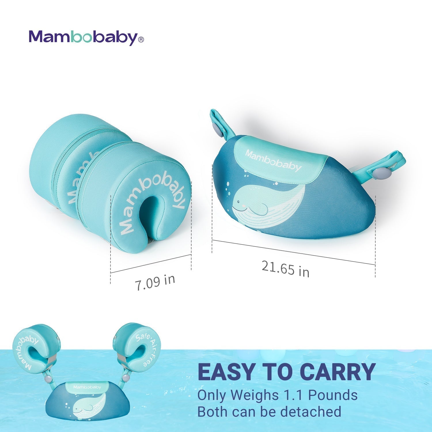 Dimensions for Mambobaby Armband Float. Fits bust size 48cm to 70cm. Perfect for children aged 3 to 8 years.