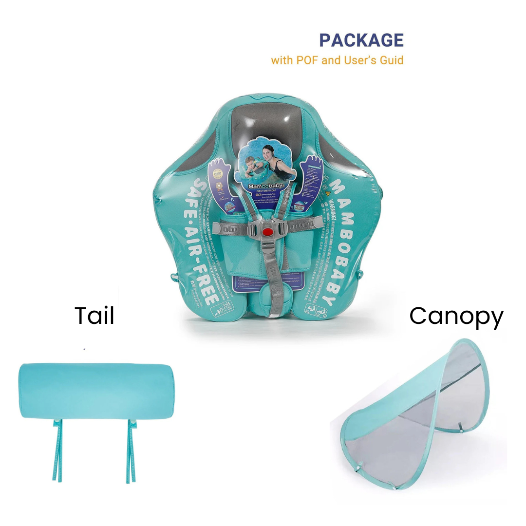 Official Mambobaby brand packaging ensuring authentic puncture-proof technology and worldwide safety certification for the Green Flamingo float.