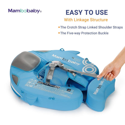 Baby swimming safely in a Mambobaby float with the UPF 50+ UV canopy attached under constant adult supervision.