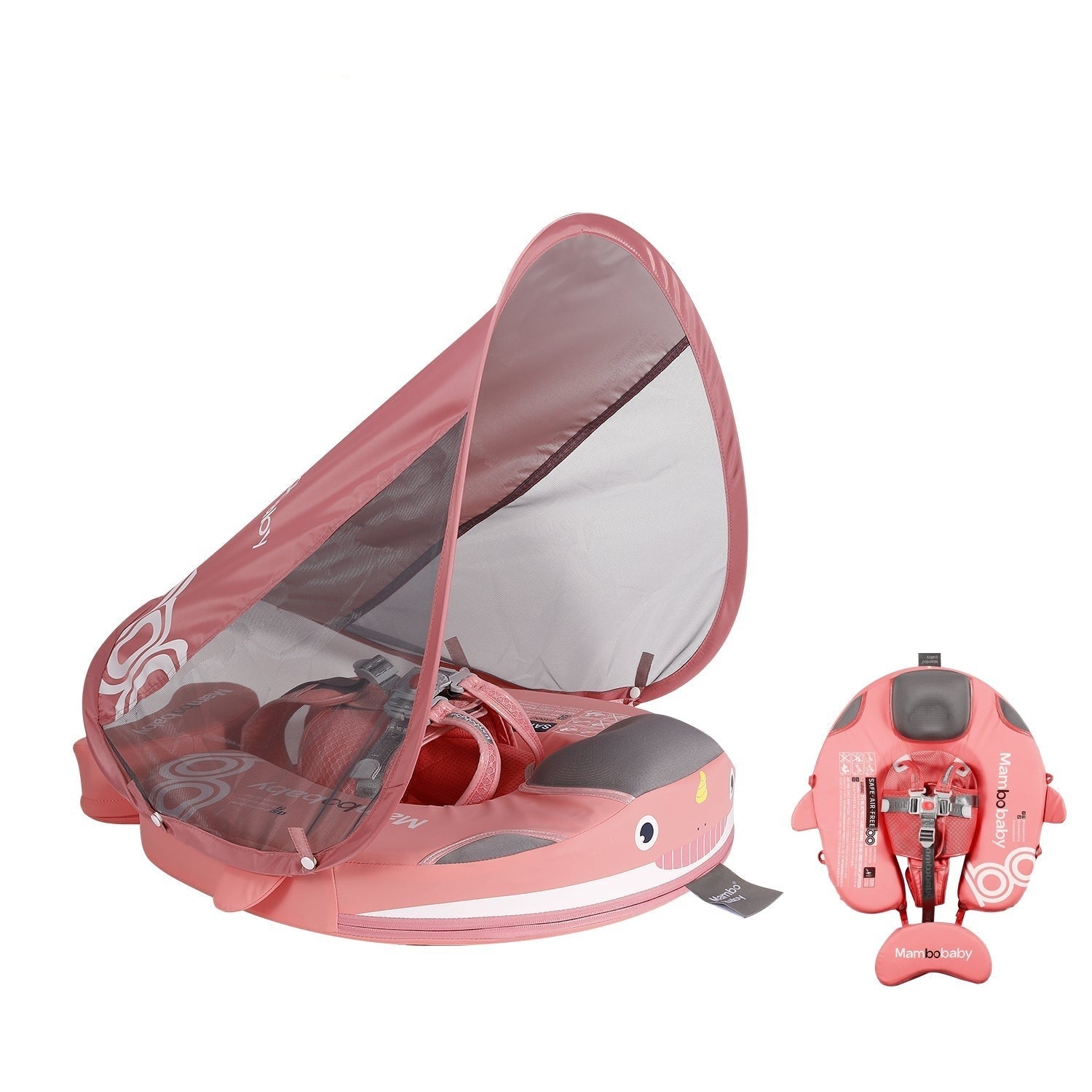 Baby swimming safely in a Mambobaby float with the UPF 50+ UV canopy attached under constant adult supervision.