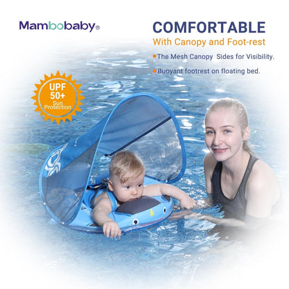 Baby swimming safely in a Mambobaby float with the UPF 50+ UV canopy attached under constant adult supervision.