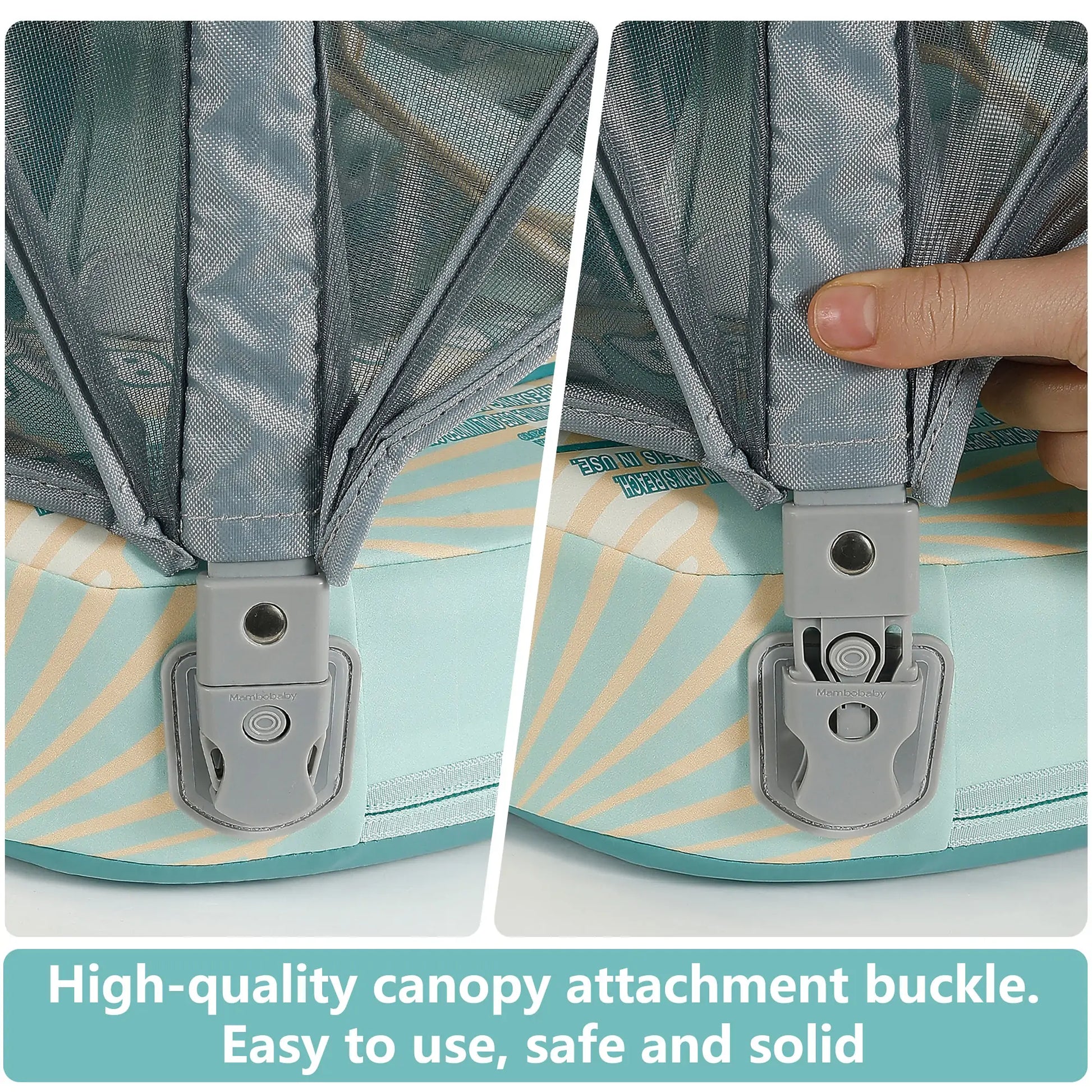 Easy installation of the removable UPF 50+ sun canopy on the Mambobaby Float.