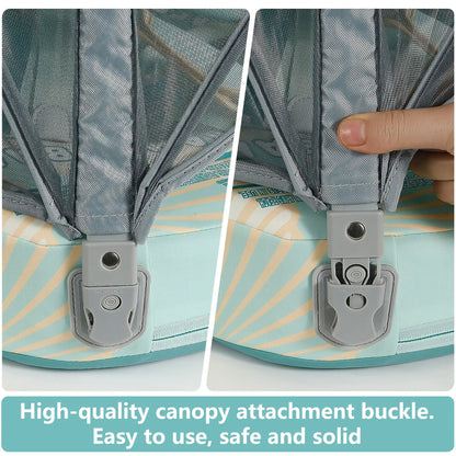 Easy installation of the removable UPF 50+ sun canopy on the Mambobaby Float.
