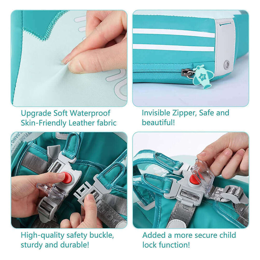 Instructional guide for parents on how to lock and unlock the Mambobaby Airplane air-free swim trainer.