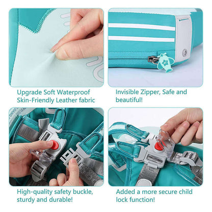 Instructional guide for parents on how to lock and unlock the Mambobaby Airplane air-free swim trainer.