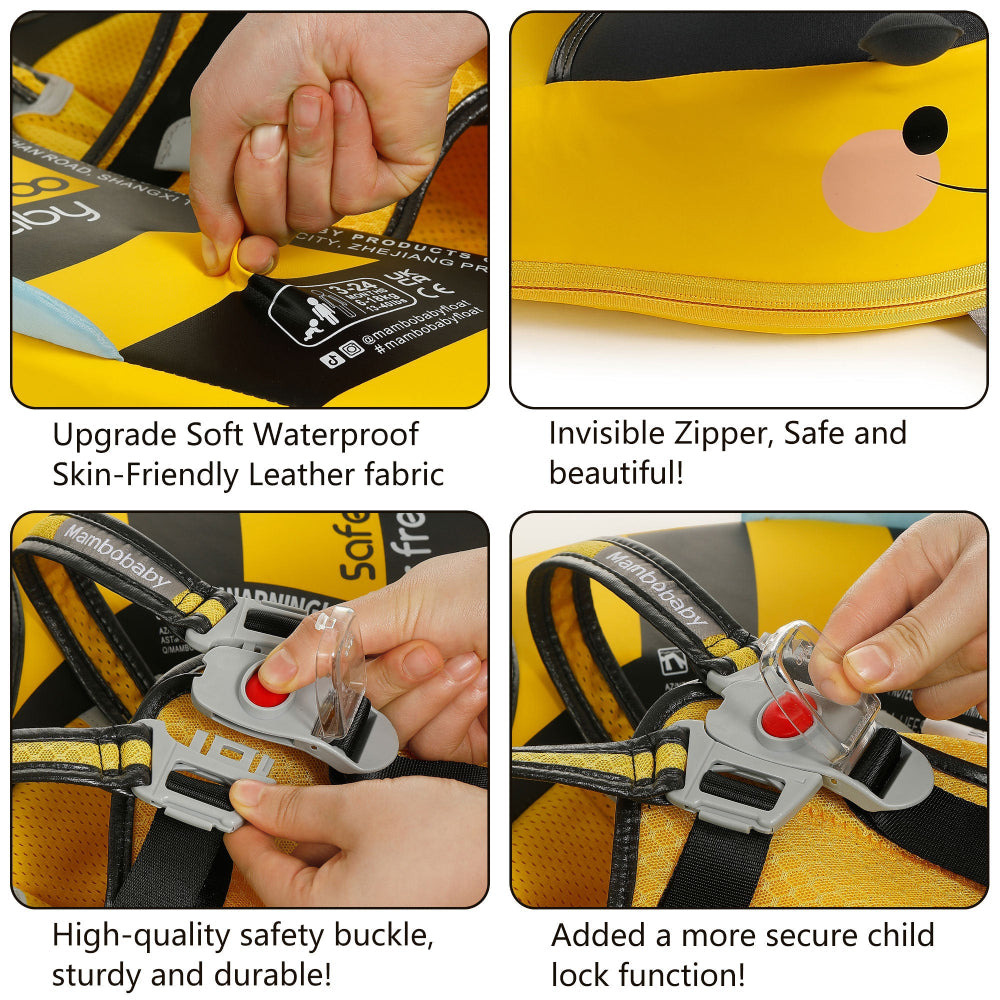 Instructional guide for parents on how to secure and unlock the Mambobaby button-lock safety latch.