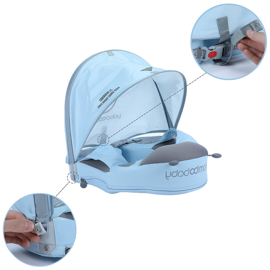 Detail view of the Mambobaby Ladybug shoulder float 4-point safety buckles and adjustable snap-lock straps.