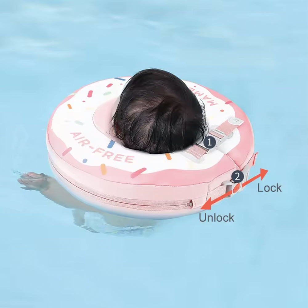 Instructional close-up showing how to secure the dual safety buckles and button-lock on a Mambobaby neck trainer.