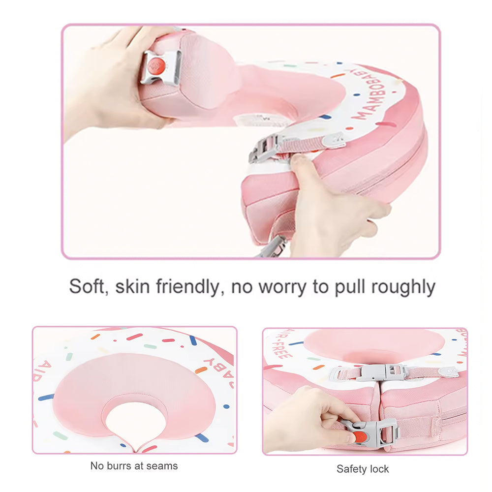 Instructional close-up showing how to secure the dual safety buckles and button-lock on a Mambobaby neck trainer.