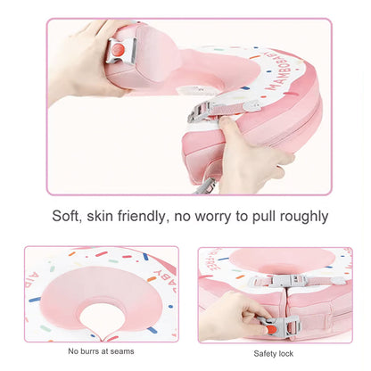 Instructional close-up showing how to secure the dual safety buckles and button-lock on a Mambobaby neck trainer.