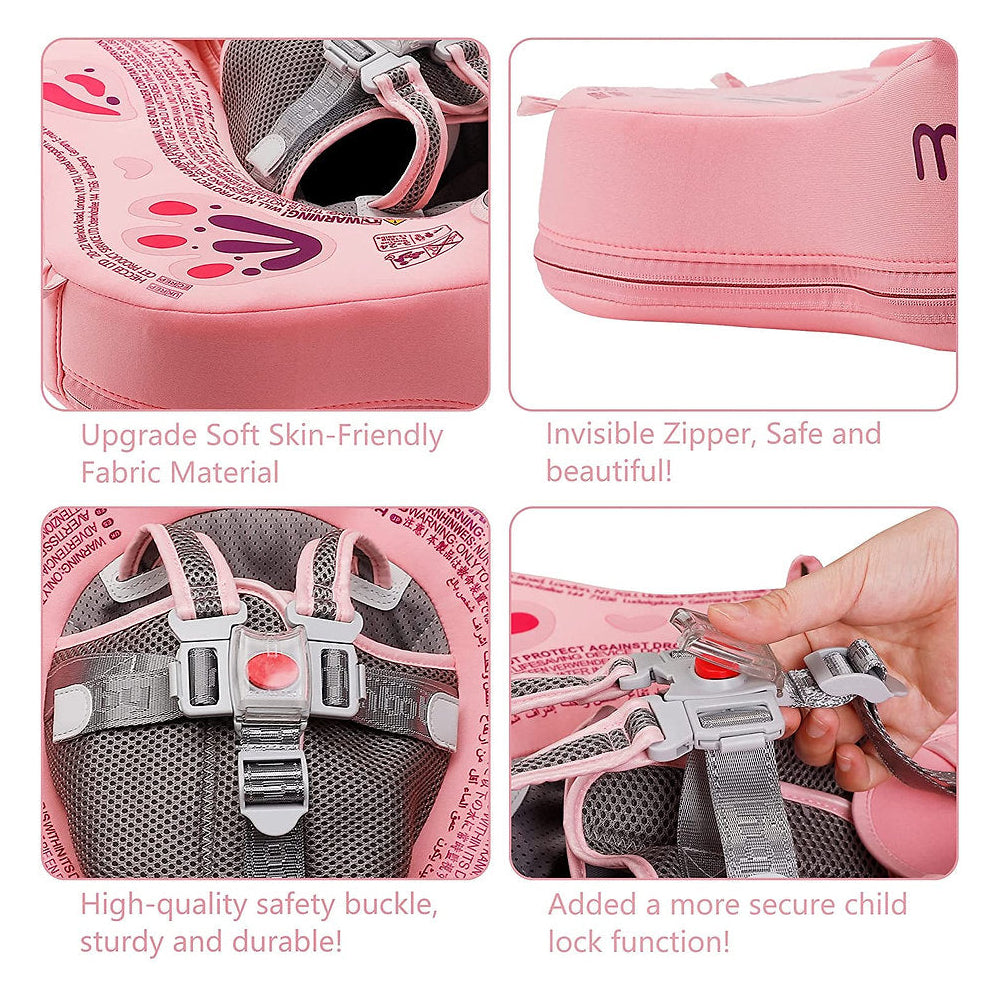 Instructional visual guide on how to secure the 5-point harness and button-lock on the Mambobaby Butterfly trainer.