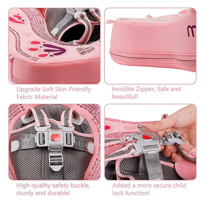 Instructional visual guide on how to secure the 5-point harness and button-lock on the Mambobaby Butterfly trainer.