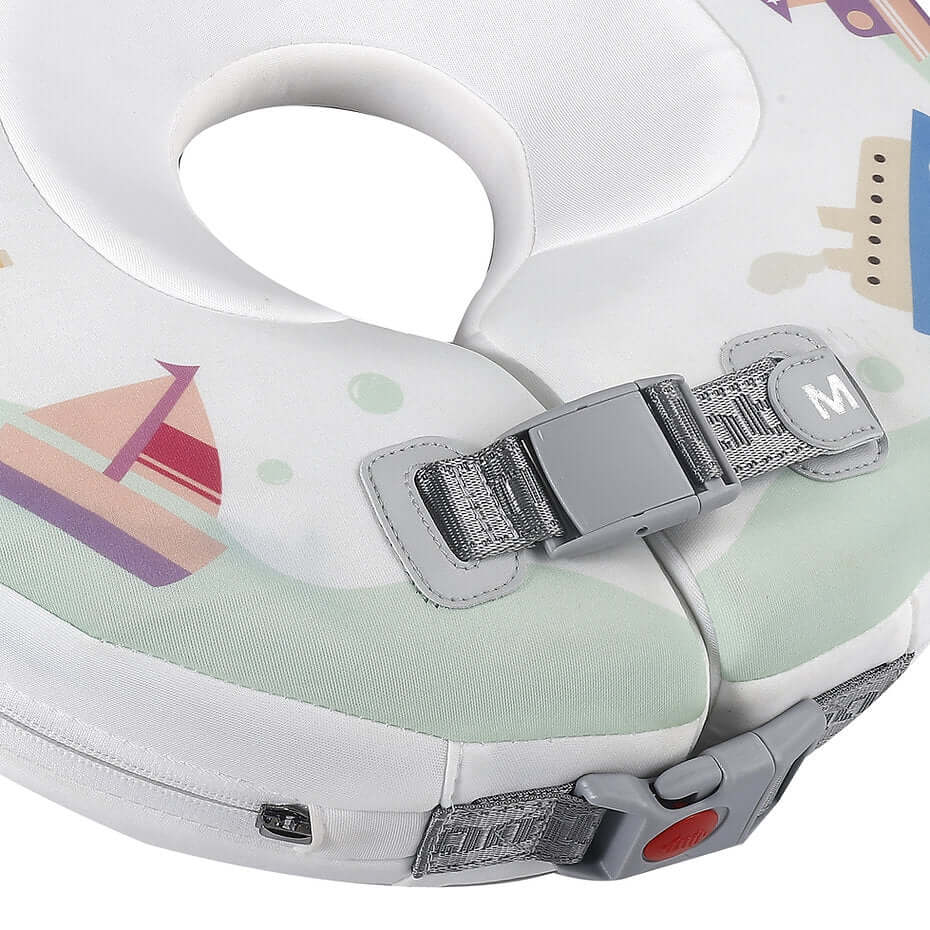 Instructional guide showing how to lock and unlock the Mambobaby neck ring for 100% secure airway protection.