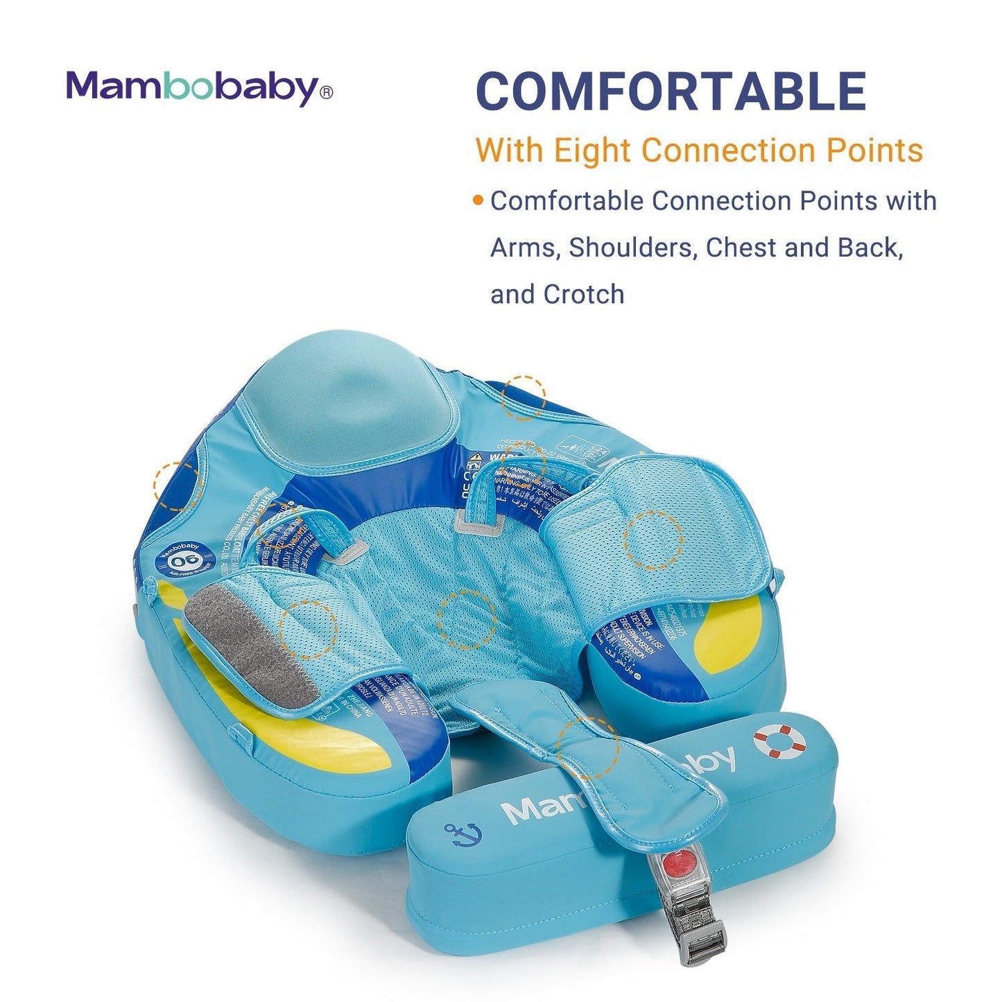 Instructional guide showing how to properly set up and secure a baby in the Mambobaby air-free swim trainer with the tail wing.