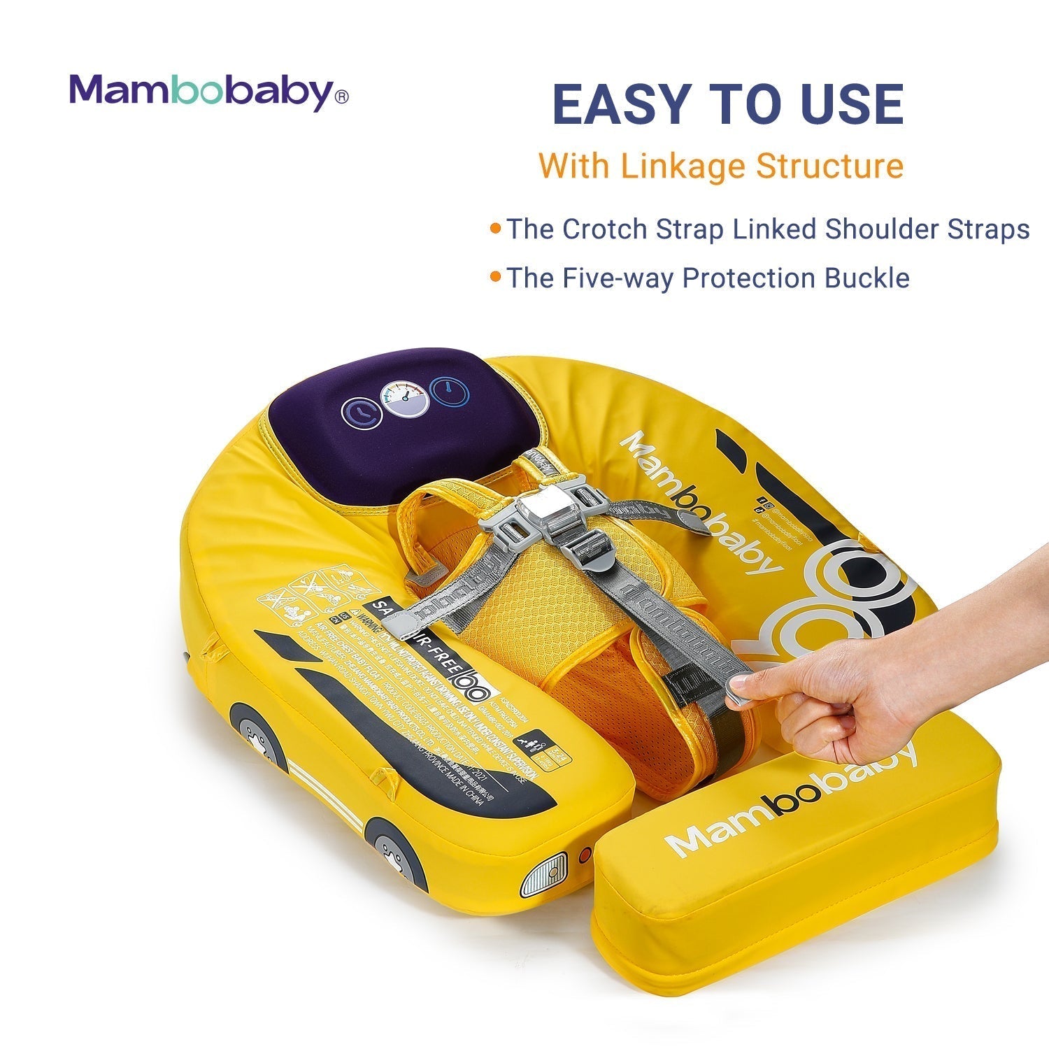 Instructional guide for parents on how to safely secure the Mambobaby Car Series non-inflatable swim trainer.