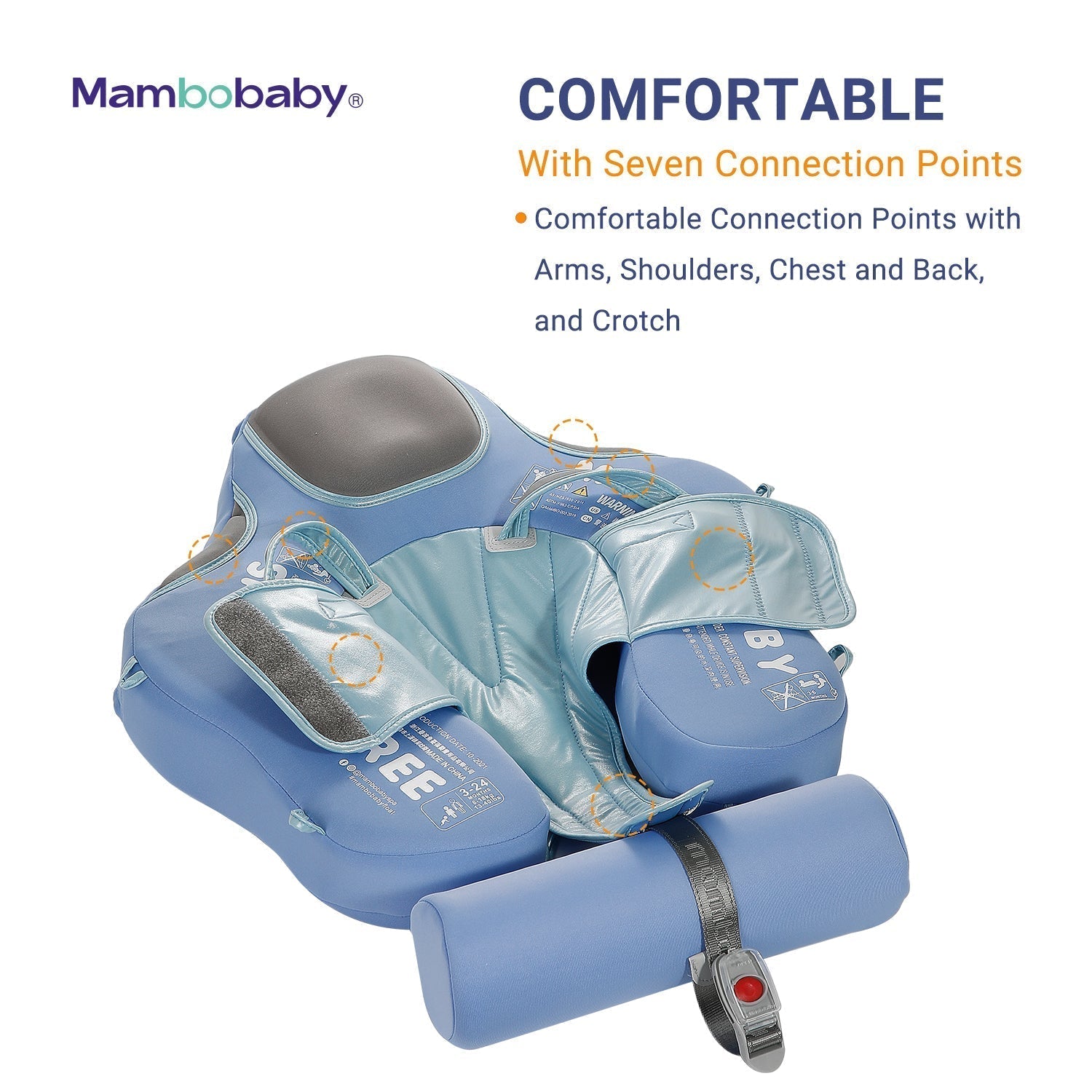 Step-by-step visual confortable and for parents on how to properly adjust and use the Mambobaby Elephant air-free baby float.