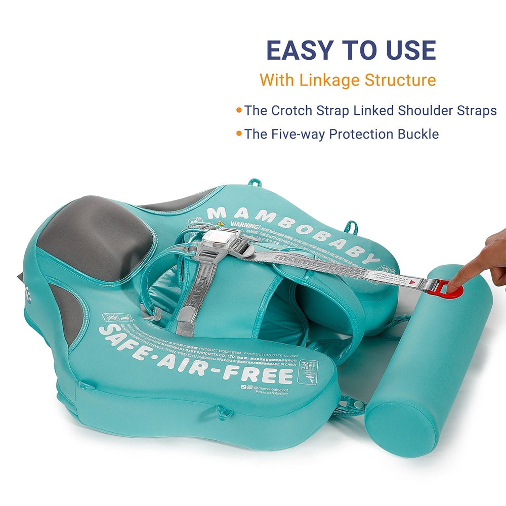 Instructional step-by-step guide showing how to properly secure a baby in the Mambobaby Green Flamingo swim trainer.