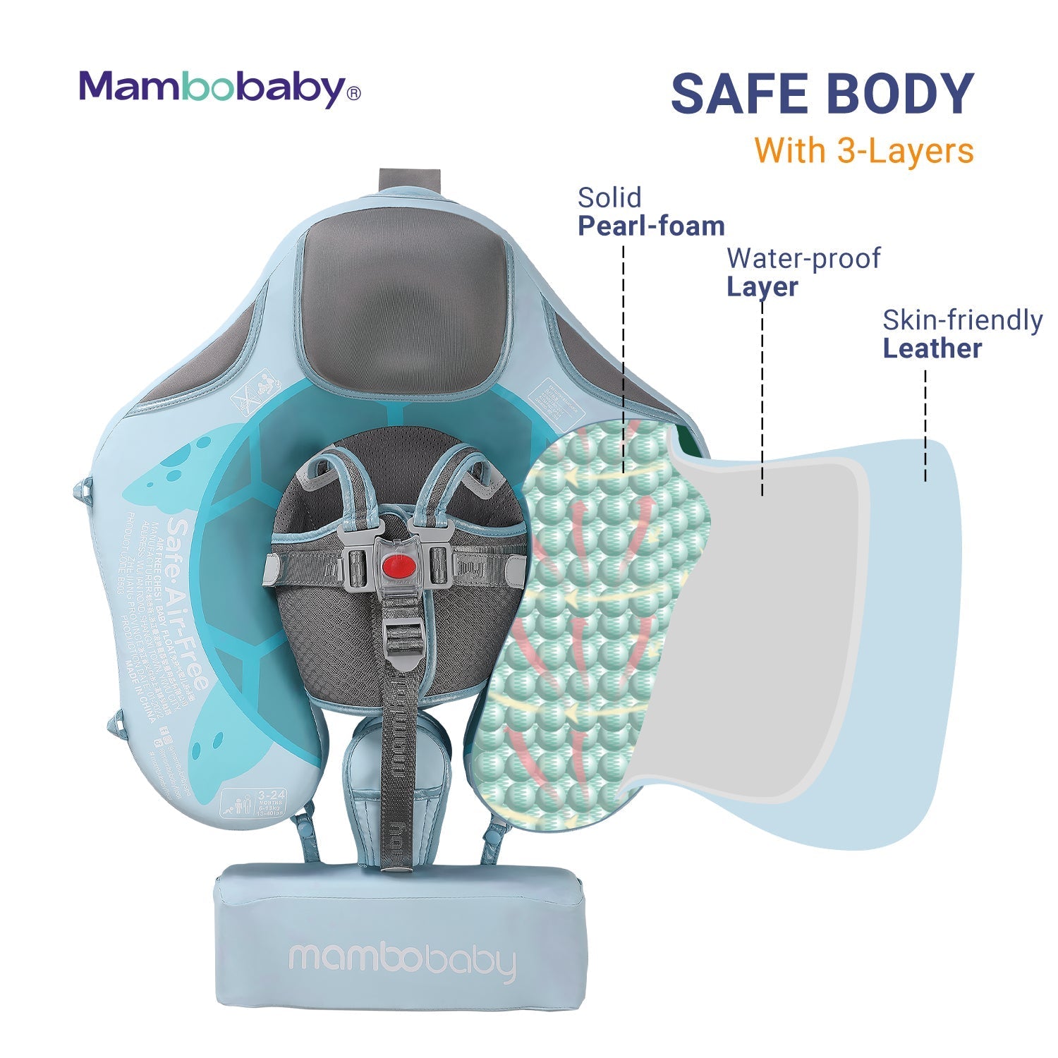 Instructional guide for parents showing how to safely adjust the Mambobaby Turtle non-inflatable swim trainer.