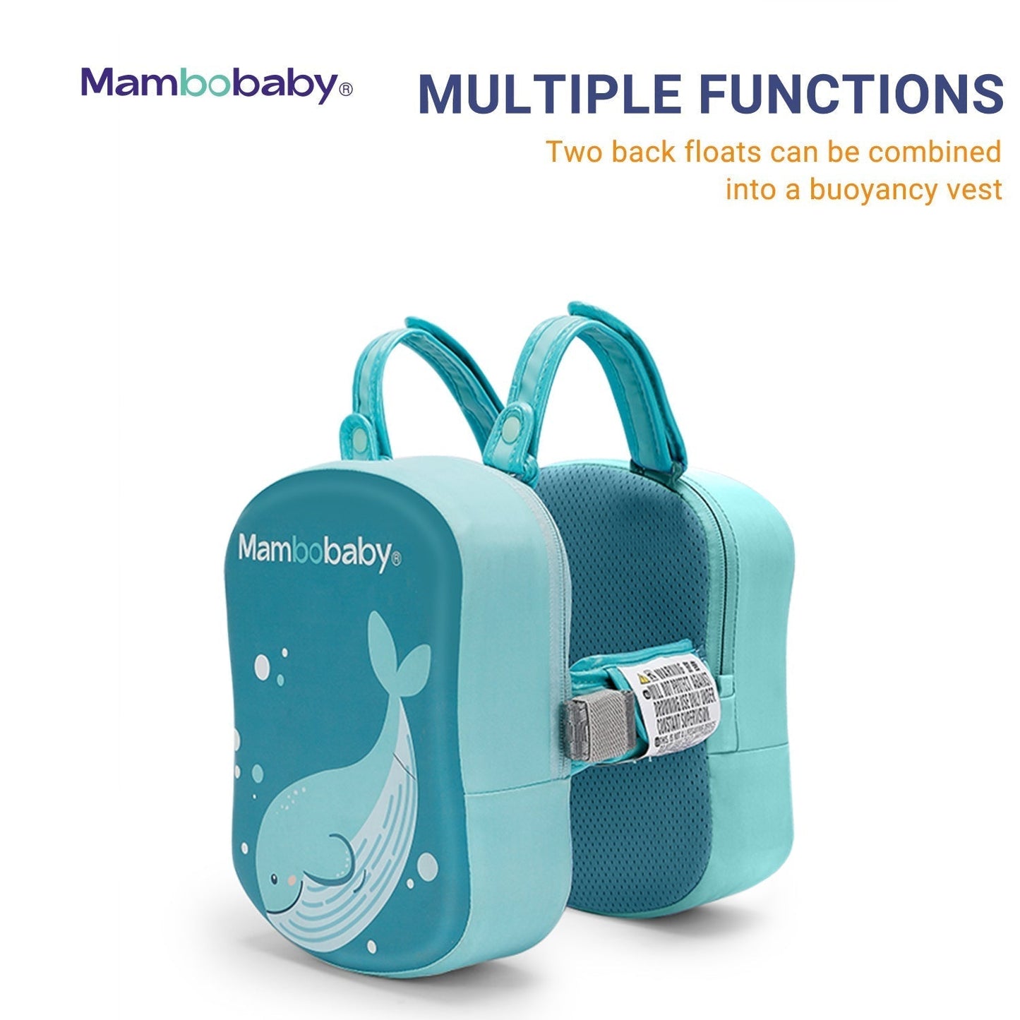 Exploded view of the Mambobaby 3-in-1 modular swim trainer showing vest, armbands, and back float configurations.
