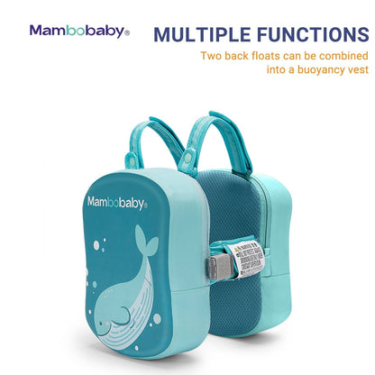 Exploded view of the Mambobaby 3-in-1 modular swim trainer showing vest, armbands, and back float configurations.