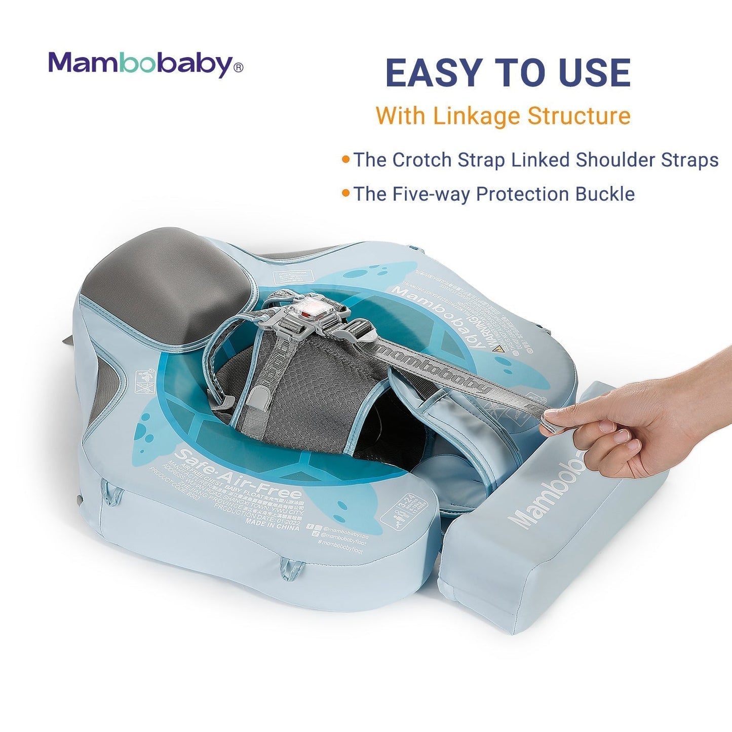 Close-up of the Mambobaby Turtle Series professional 5-point safety harness inspired by automotive safety standards.