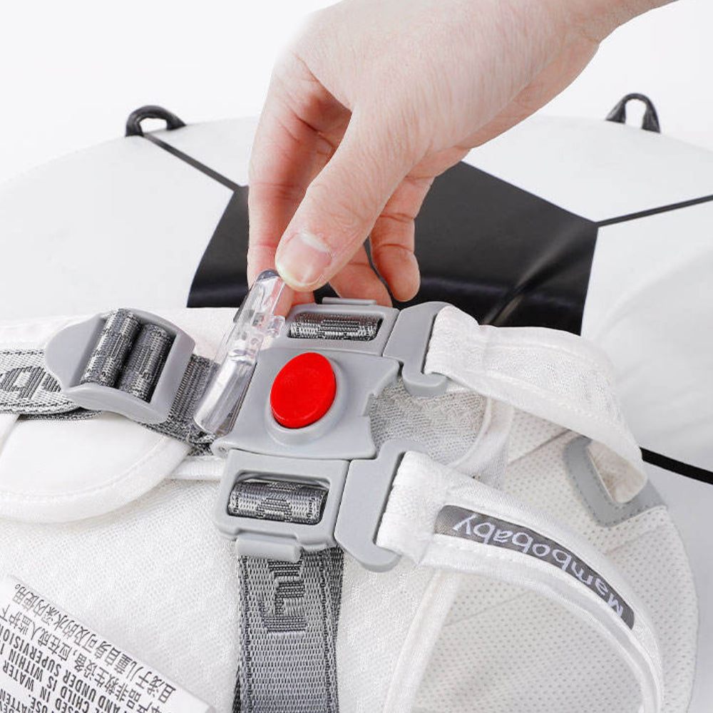 Close-up of the Mambobaby 5-way protection safety harness and dual-clasp locking system for infant security.