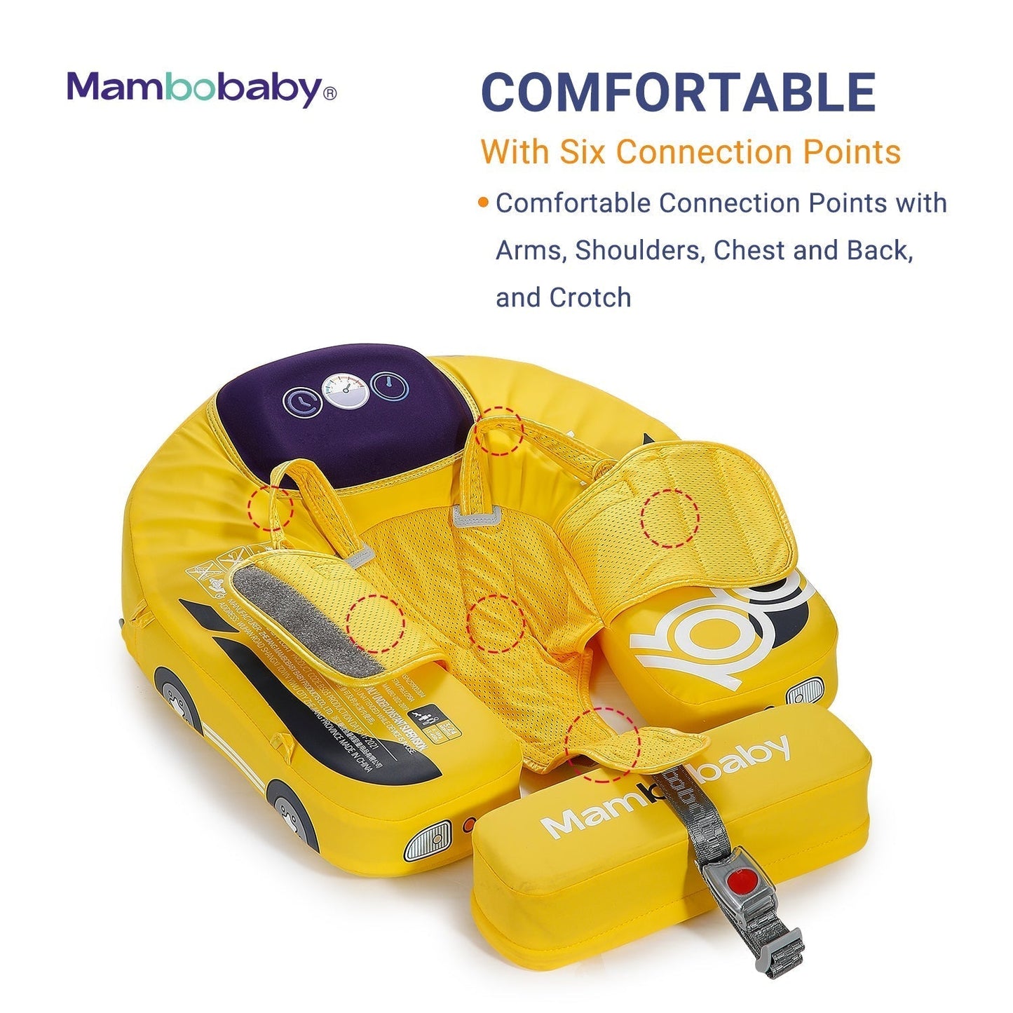 Close-up of the professional 6-point safety harness and secure locking system on the Mambobaby Car float.