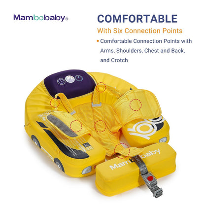 Close-up of the professional 6-point safety harness and secure locking system on the Mambobaby Car float.