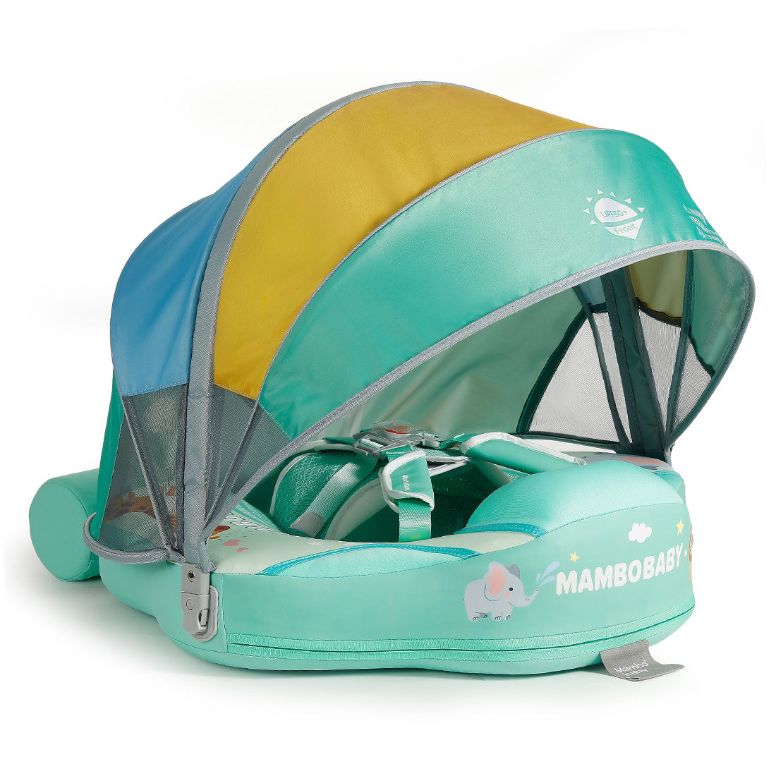 Original Mambobaby™ Air-Free Baby Float Animal Edition for 3-24 months. This puncture-proof PearlFoam™ float features a UPF 50+ UV canopy and 5-point safety harness for maximum pool safety worldwide.