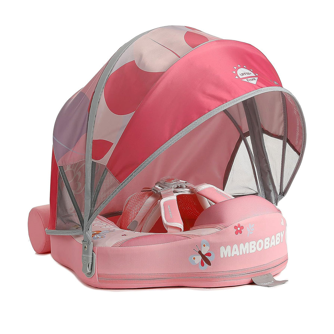 Original Mambobaby™ Air-Free Baby Float Animal Edition for 3-24 months. This puncture-proof PearlFoam™ float features a UPF 50+ UV canopy and 5-point safety harness for maximum pool safety worldwide.