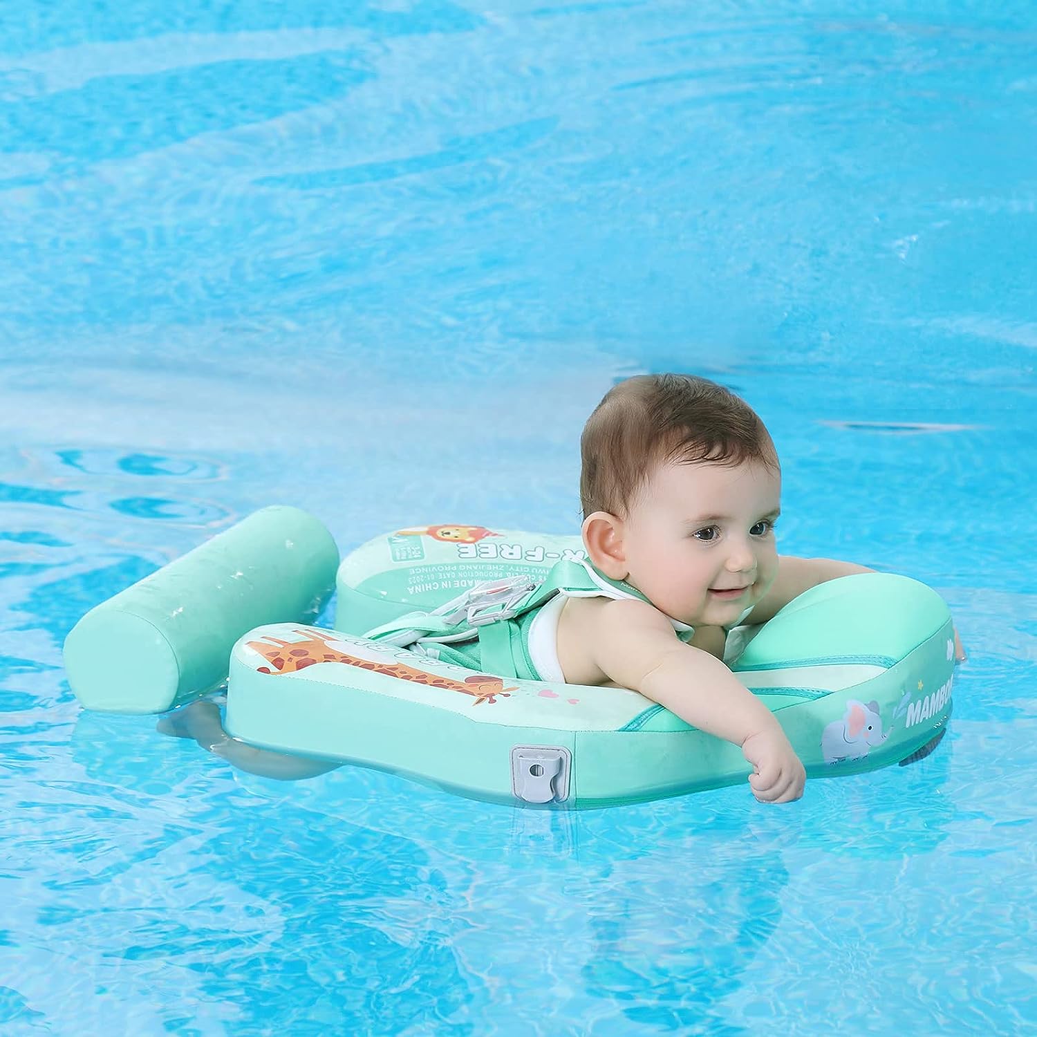 Original Mambobaby™ Air-Free Baby Float Animal Edition for 3-24 months. This puncture-proof PearlFoam™ float features a UPF 50+ UV canopy and 5-point safety harness for maximum pool safety worldwide.