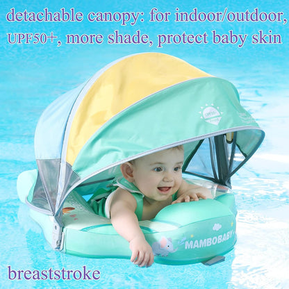 Close-up of the detachable UV-PROOF sunshade canopy on the Animal Edition Mambobaby float. Blocks 98% of harmful UV rays to protect sensitive baby skin during outdoor swimming.