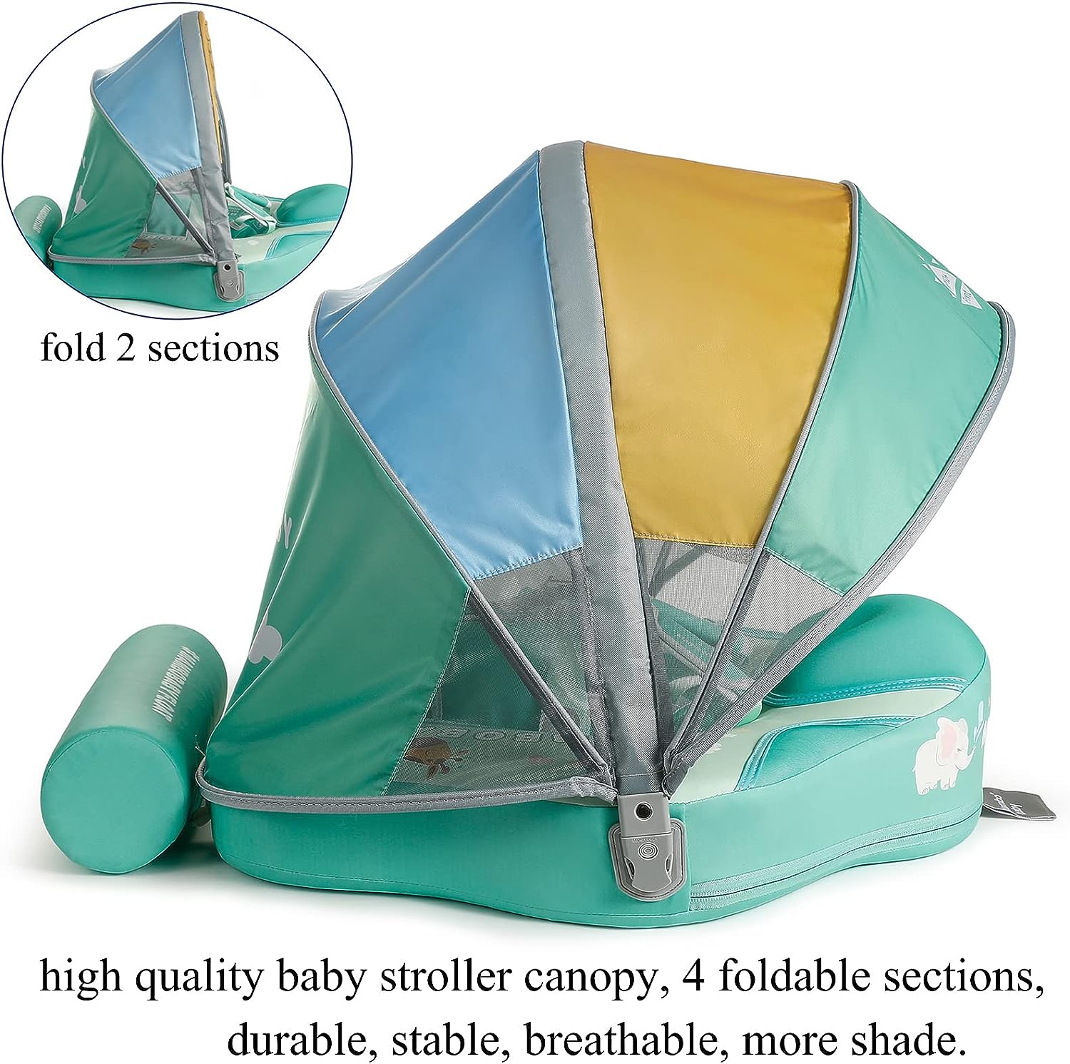 Close-up of the detachable UV-PROOF sunshade canopy on the Animal Edition Mambobaby float. Blocks 98% of harmful UV rays to protect sensitive baby skin during outdoor swimming.