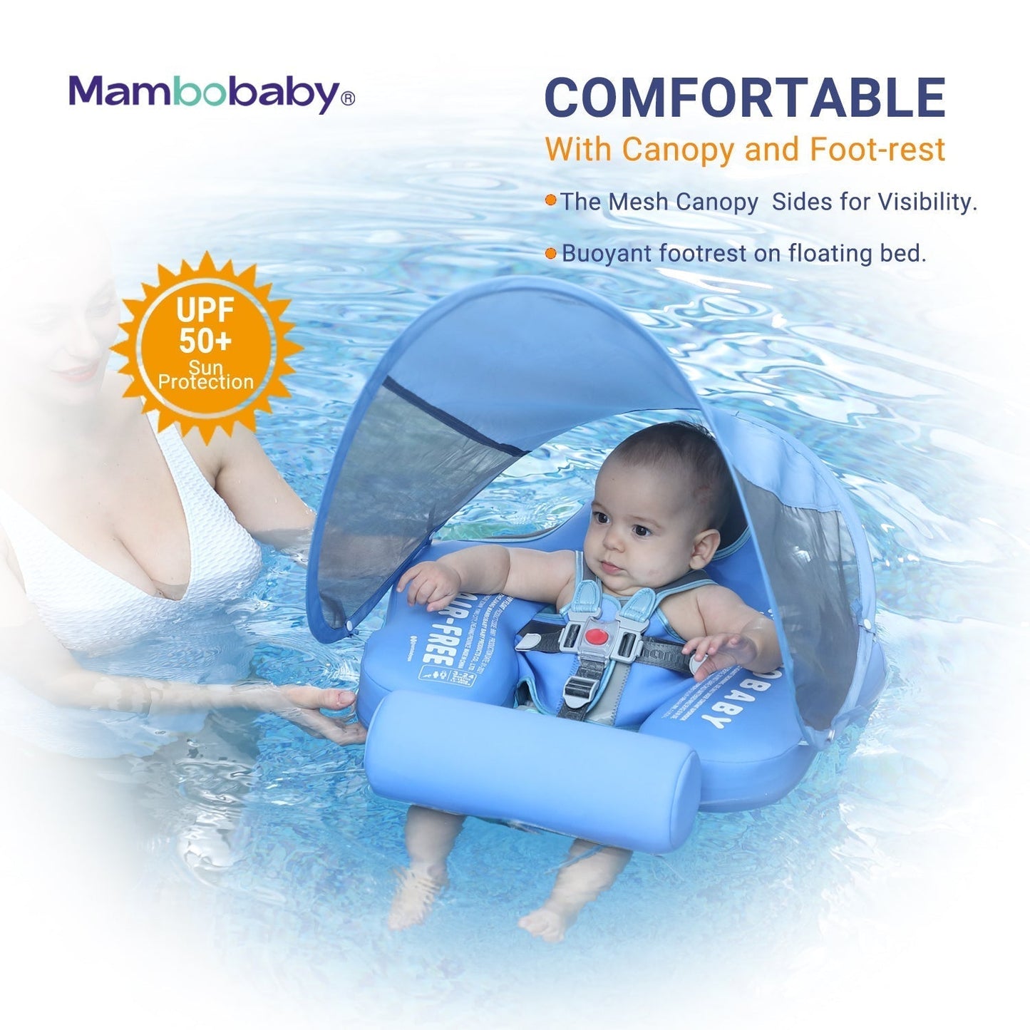 Safe infant swimming session using the Mambobaby Elephant float with full UV protection under adult supervision.