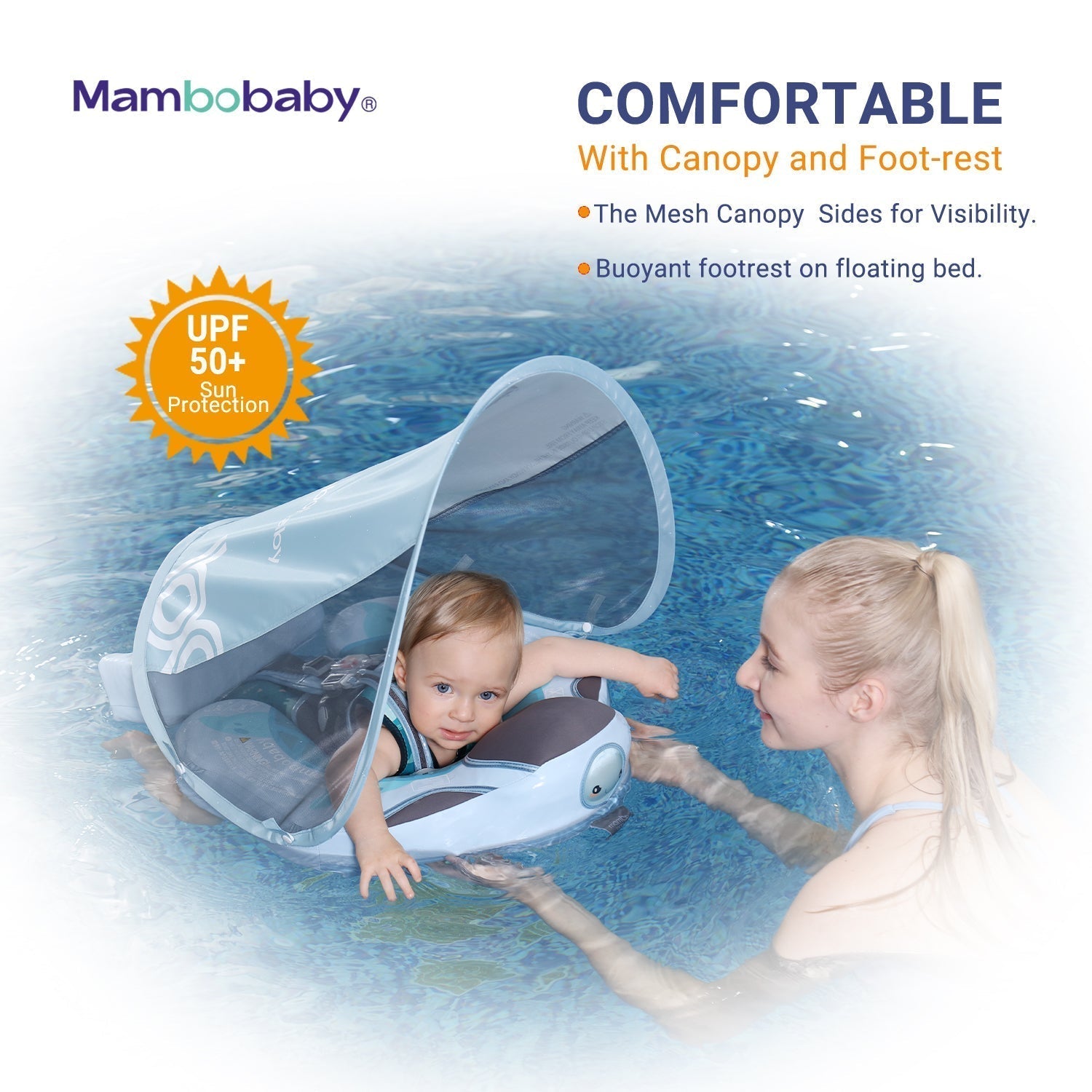 Safe swimming session with the Mambobaby Turtle float under adult supervision featuring advanced UPF 50+ UV solar shielding.