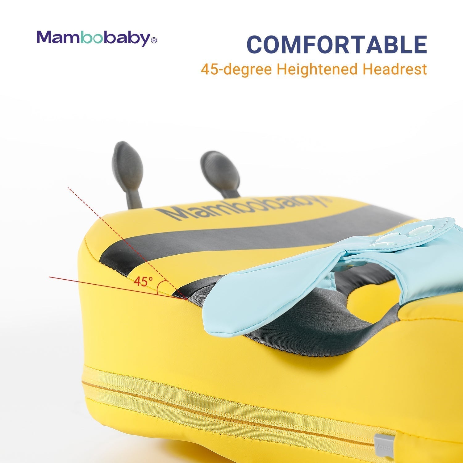 Ergonomic shoulder support and soft, skin-friendly fabric of the Mambobaby Bee non-inflatable float.