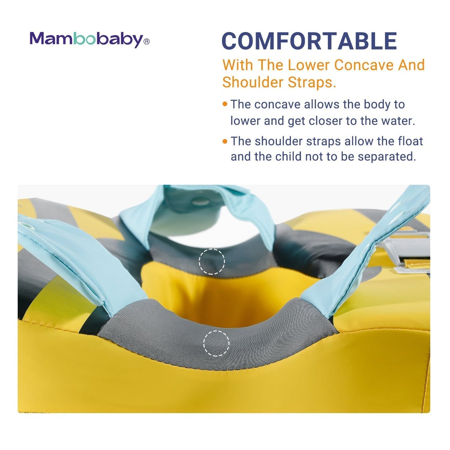 Ergonomic shoulder support and soft, skin-friendly fabric of the Mambobaby Bee non-inflatable float.