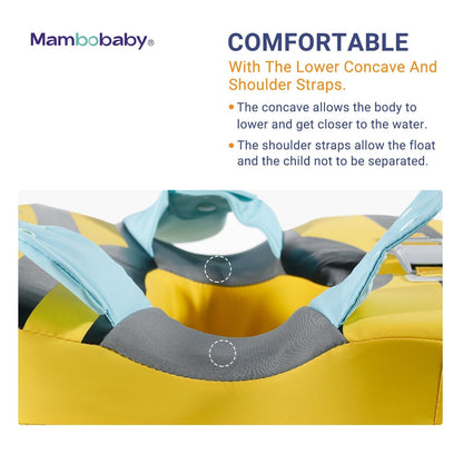 Ergonomic shoulder support and soft, skin-friendly fabric of the Mambobaby Bee non-inflatable float.