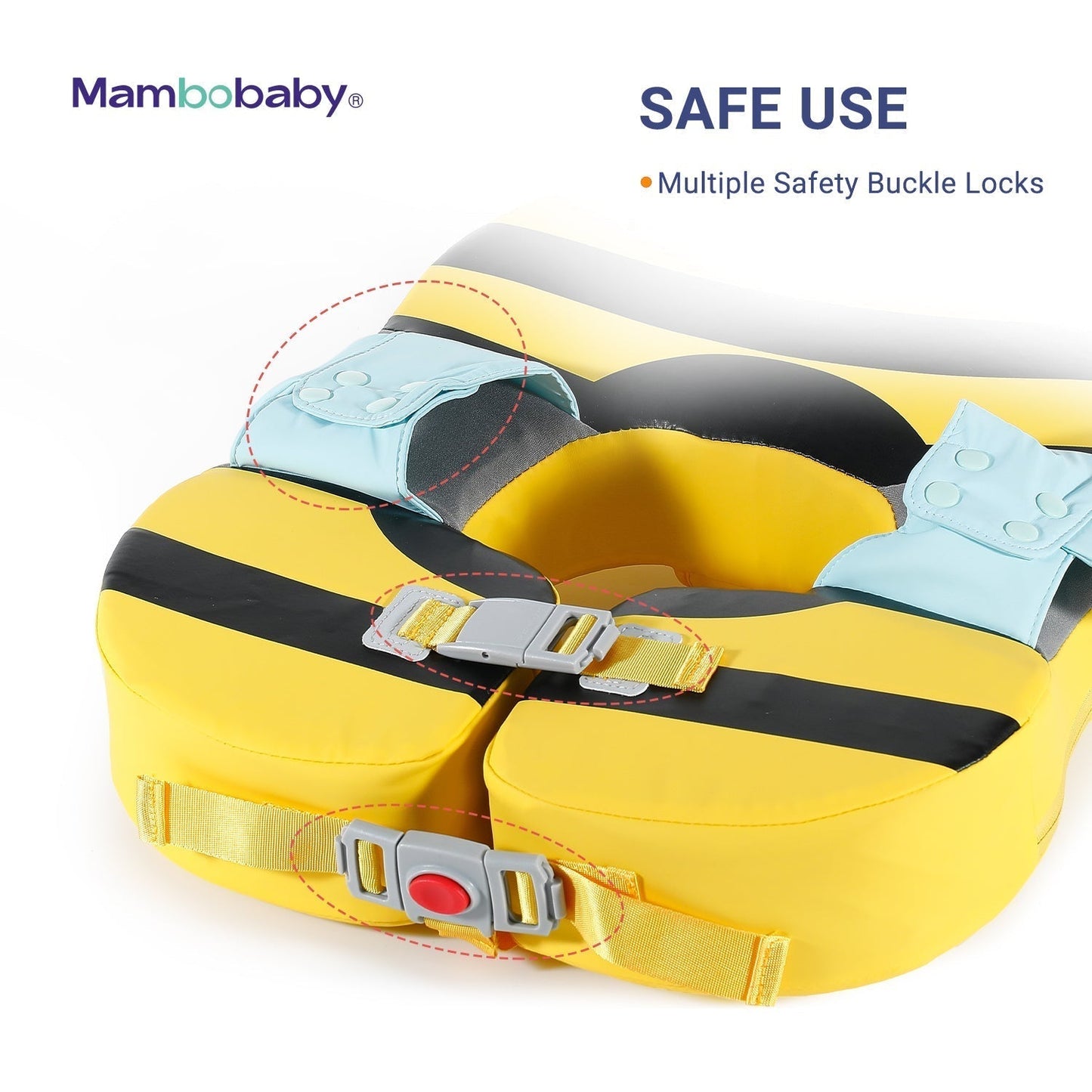 Close-up of the multi-point safety buckle locks and secure harness system on the Bee shoulder float.