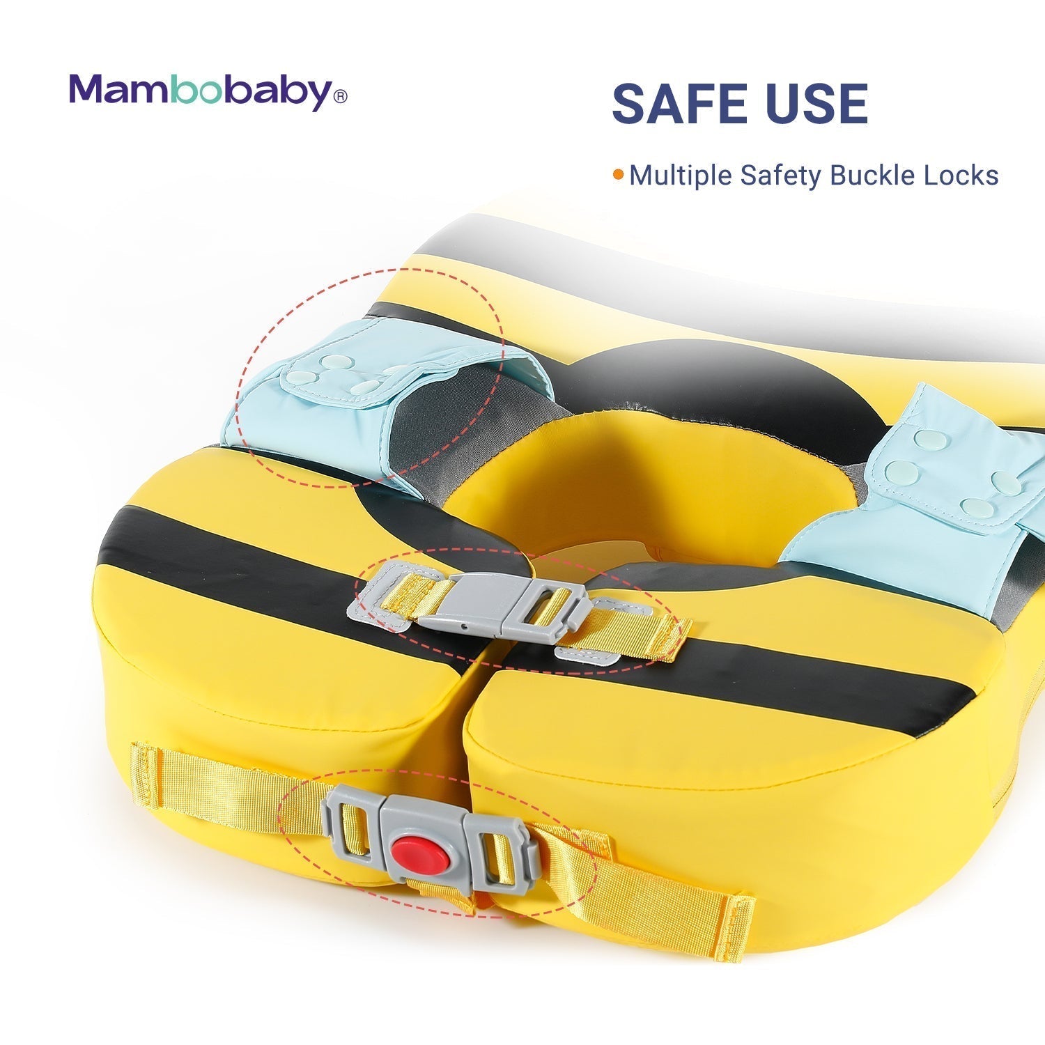 Close-up of the multi-point safety buckle locks and secure harness system on the Bee shoulder float.