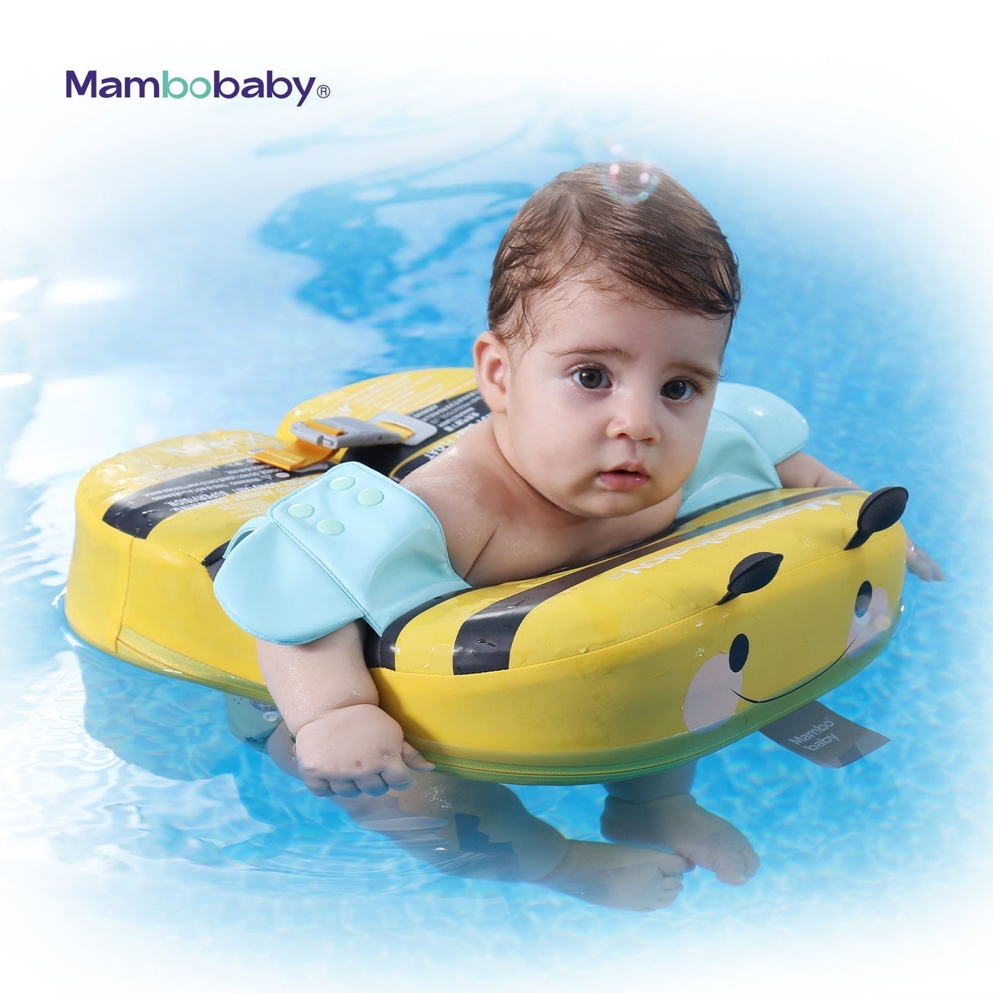 Official Mambobaby Bee Shoulder Float for toddlers 8-36 months with UV canopy and non-inflatable core.