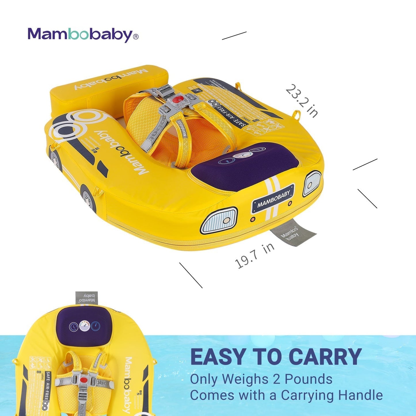The Mambobaby Car float featuring BPA-free waterproof leather and unsinkable PearlFoam solid core technology.