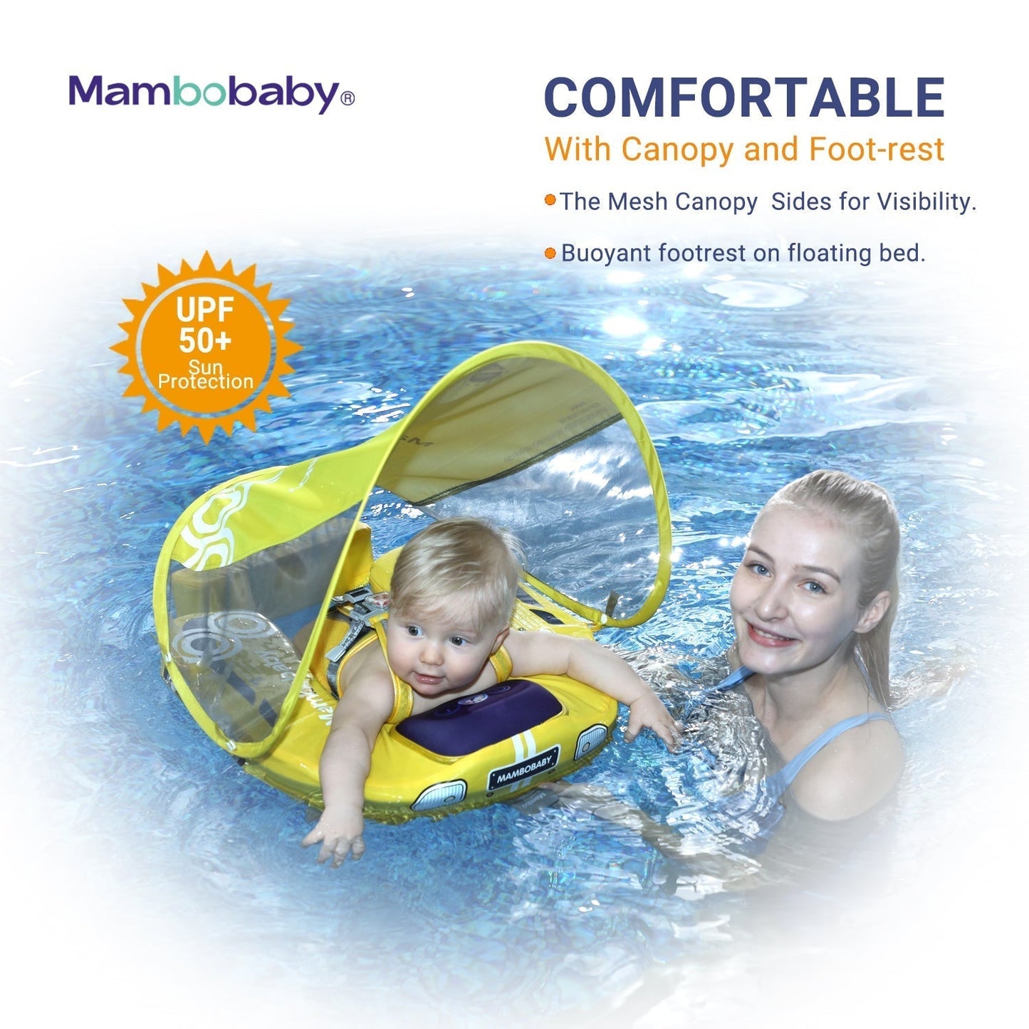 Infant swimming safely in the Mambobaby Car float with UV solar shielding under constant adult supervision.