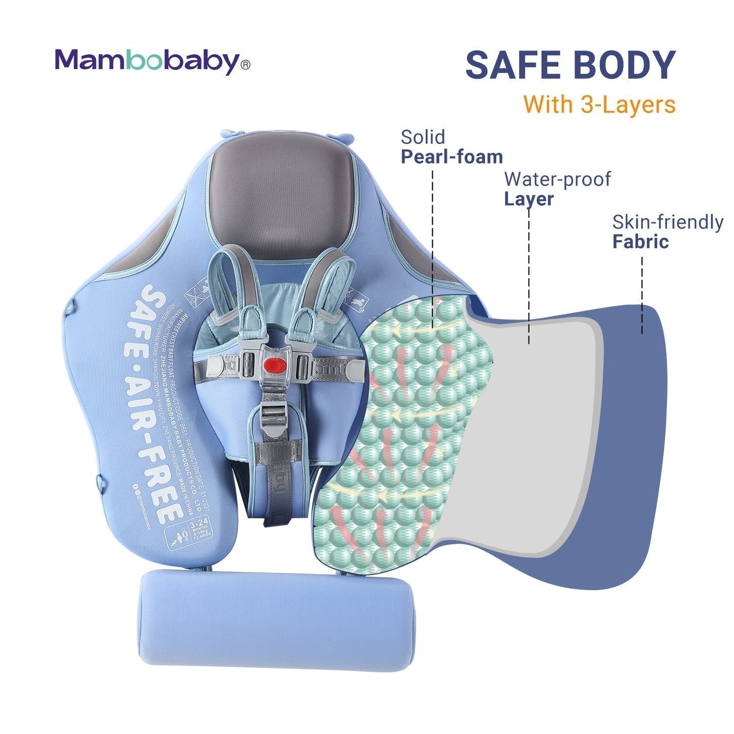 Official Mambobaby Elephant Series air-free baby chest float with removable UPF 50+ canopy and puncture-proof PearlFoam core.