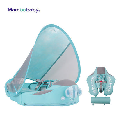 Official Mambobaby Elephant Series air-free baby chest float with removable UPF 50+ canopy and puncture-proof PearlFoam core.