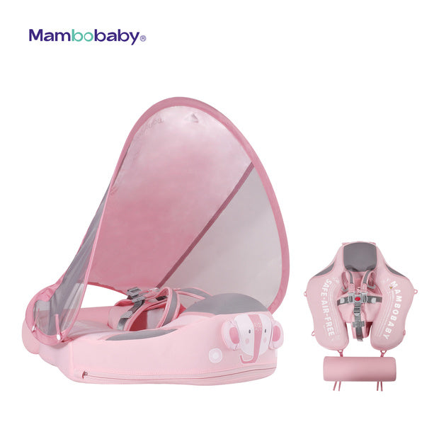 Official Mambobaby Elephant Series air-free baby chest float with removable UPF 50+ canopy and puncture-proof PearlFoam core.