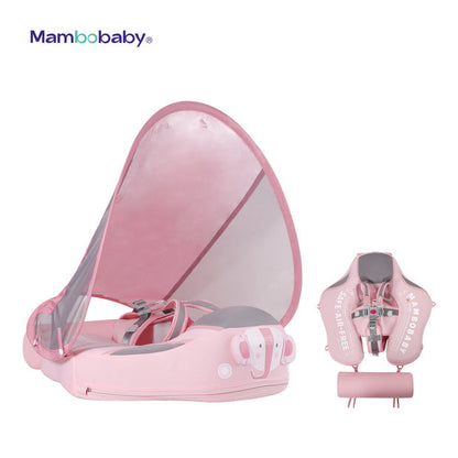 Official Mambobaby Elephant Series air-free baby chest float with removable UPF 50+ canopy and puncture-proof PearlFoam core.